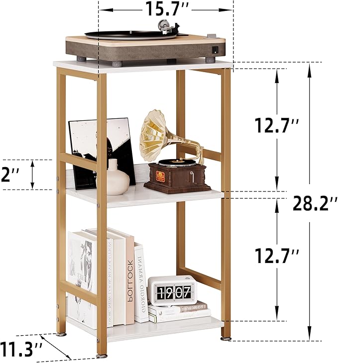 Small Bookshelf for Small Spaces, 3 Tier White and Gold Bookcase Night Stand, Narrow Gold Bedside Book Shelf, Short Bookshelf Storage Organizer for Bedroom, Living Room, Home, Office, White&Gold - LeafyLoom