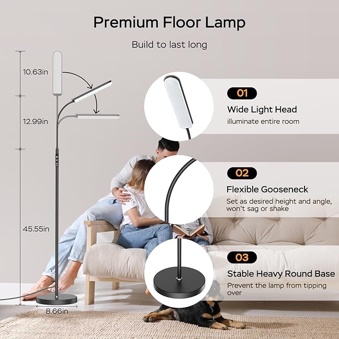 Floor Lamp, 15W Bright LED Floor Lamps for Living Room, Remote & Touch Control, 0.5H/1H Timer, Adjustable 2700K-6500K Colors & Brightness Eye Caring Reading Lamp, Gooseneck Standing Lamp - LeafyLoom
