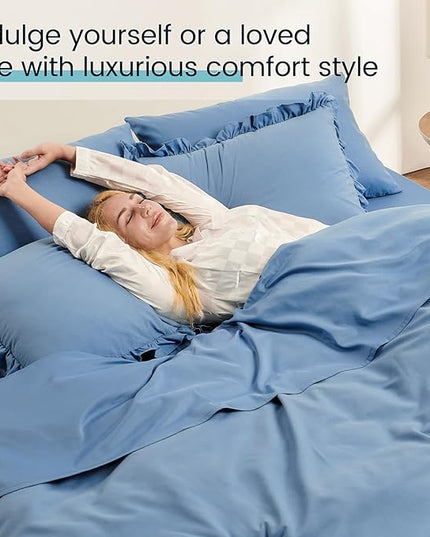 King Size Bed in a Bag 7 Pieces King Size Comforter Set, Ruffle Shabby Chic Bedding Comforter Set Blue Bed Set with Comforter, Pillowcases, Flat Sheet, Fitted Sheet and Pillow Shams - LeafyLoom