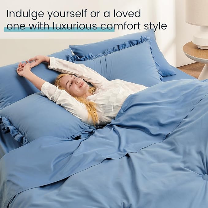 California King Bed in a Bag 7 Pieces Cal King Comforter Set, Ruffle Shabby Chic Bedding Comforter Set Blue Bed Set with Comforter, Pillowcases, Flat Sheet, Fitted Sheet and Pillow Shams - LeafyLoom