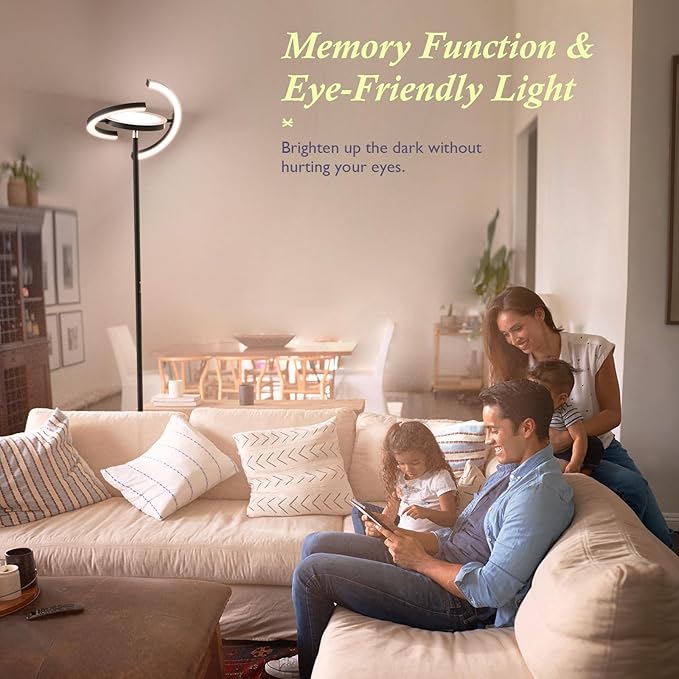 FIMEI Modern Black Metal Saturn Ring LED Floor Lamp, Stepless Dimming and Color Temperature Adjustment, Rotatable Lamp Head, Independent Control of Upwards Round Light and Outer Ring Light - LeafyLoom