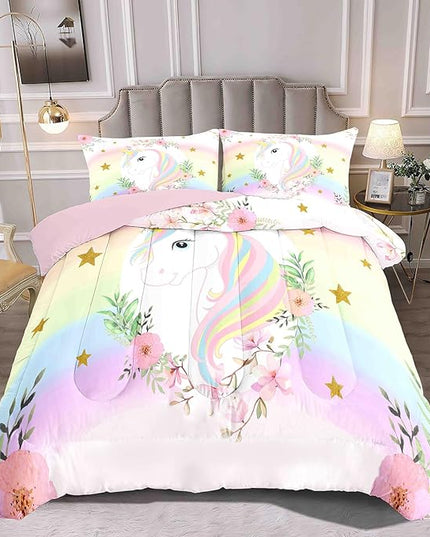 Kids Comforter Bedding Set 3 Piece Super Soft Breathable Print Kids Bedding Sets for Girls, Machine Washable Durable Comforter Set with Comforter, 2 Pillowcases Flowers Stars (Twin,Unicorn) - LeafyLoom