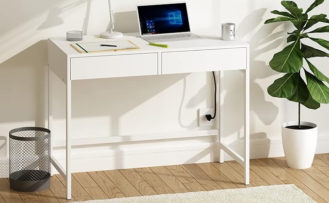 Treocho Computer Desk with USB Charging Ports and Power Outlets, Modern Simple 40 inch White Desk with 2 Drawers, Vanity Desk, Makeup Table for Home Office, Bedroom - LeafyLoom