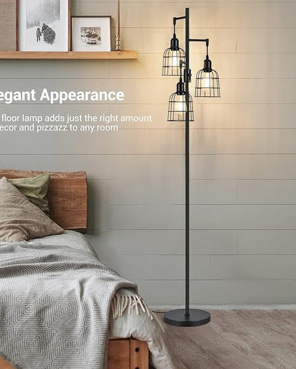EDISHINE Farmhouse Dimmable Floor Lamp, 3 LED Edison Bulbs Included, Industrial Tree Standing Lamp for Living Room, 3 Metal Birdcage Lampshade, Rustic Tall Corner Lights for Bedroom, Family Room - LeafyLoom