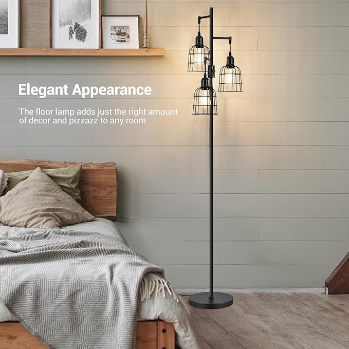 EDISHINE Farmhouse Dimmable Floor Lamp, 3 LED Edison Bulbs Included, Industrial Tree Standing Lamp for Living Room, 3 Metal Birdcage Lampshade, Rustic Tall Corner Lights for Bedroom, Family Room - LeafyLoom