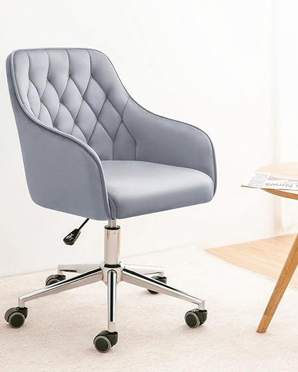 Velvet Desk Chair Vanity Chair for Makeup with Wheels and Back Home Office Chair Adjustable Rolling Swivel Chair for Bedroom Vanity Room Grey - LeafyLoom