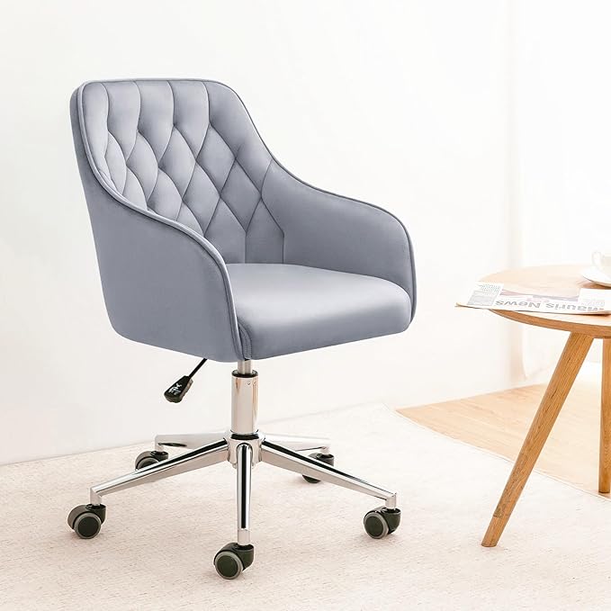 Velvet Desk Chair Vanity Chair for Makeup with Wheels and Back Home Office Chair Adjustable Rolling Swivel Chair for Bedroom Vanity Room Grey - LeafyLoom