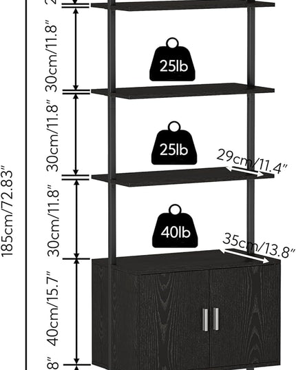Yusong 73" Tall Bookshelf with Cabinet, Industrial Ladder Wall Mount Shelf Bookcase with Wood and Metal Frame, Plant Shelf Wall Storage Display for Living Room Bedroom, Black Wood Grain - LeafyLoom