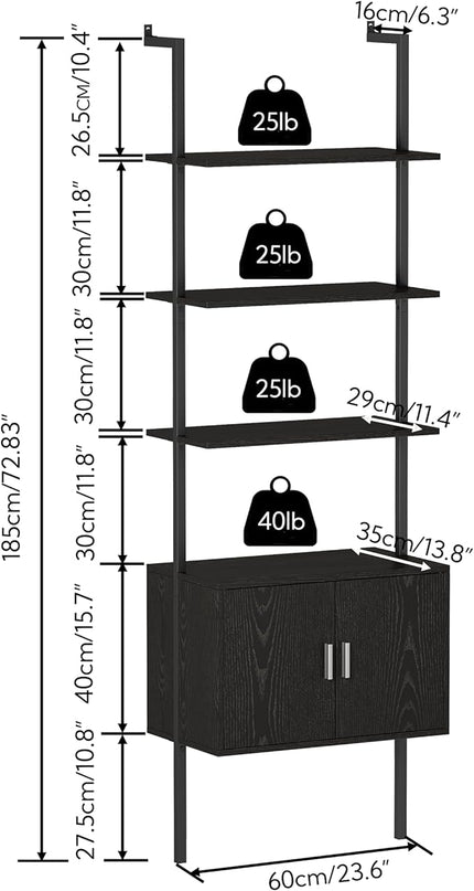 Yusong 73" Tall Bookshelf with Cabinet, Industrial Ladder Wall Mount Shelf Bookcase with Wood and Metal Frame, Plant Shelf Wall Storage Display for Living Room Bedroom, Black Wood Grain - LeafyLoom