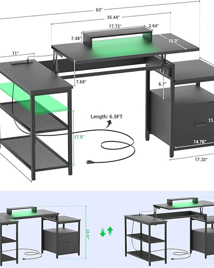 Aheaplus L Shaped Desk with Power Outlet, Standing Home Office Desk with Lift Top and File Drawer, 63'' Corner Computer Desk with Monitor Stand&Printer Shelves, Gaming Desk with Led Lights, Black - LeafyLoom