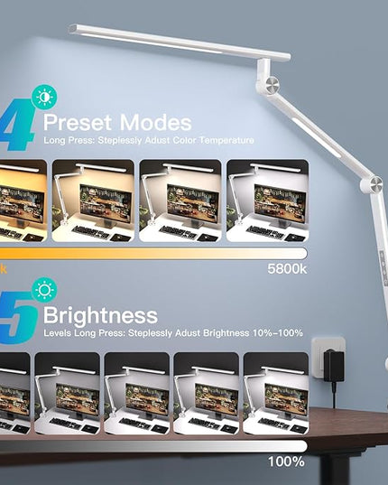 LED Desk Lamp, Desk Light for Home Office, Dual Light Source 18W Brightest, Eye-Caring Optical Lens, Office Lamp, 5 Color Modes & Brightness, Aluminum Alloy Drafting Light, Clamp Lamp, White - LeafyLoom