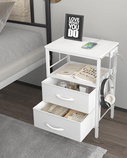 Nightstand with Charging Station, Side Table with Fabric Drawers and Open Shelf, Night Stand for Bedroom Decor, Bedside Table with USB Ports & Outlets (White,1) - LeafyLoom