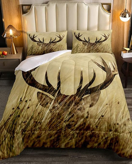 Antler Comforter Set Twin, Whitetail Deer Down Comforter, Stag Quilted Duvet, Countryside Rural Hunting Theme Comforter Set for Christmas Decorations Bedroom Decor All Season, Ultra Lightweight - LeafyLoom