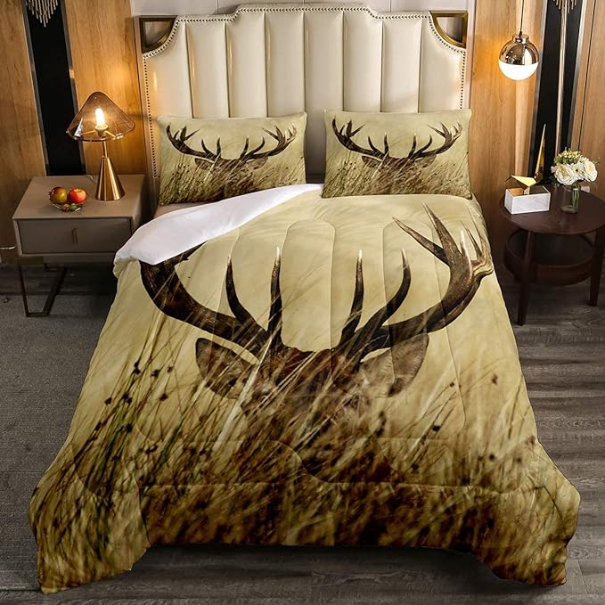 Antler Comforter Set Twin, Whitetail Deer Down Comforter, Stag Quilted Duvet, Countryside Rural Hunting Theme Comforter Set for Christmas Decorations Bedroom Decor All Season, Ultra Lightweight - LeafyLoom