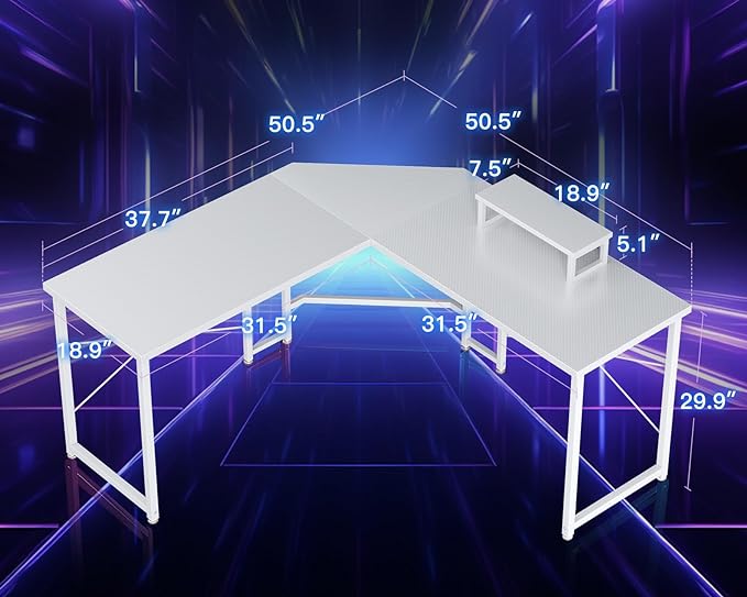 Casaottima L Shaped Gaming Desk with Monitor Stand, Corner Desk Gaming Table for Home Office, Computer Desk Sturdy Writing Workstation for Small Space, 51 inch, Carbon Fiber Surface, White - LeafyLoom