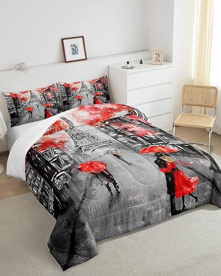Eiffel Tower Comforter Set Full Size For Girls Women Romantic Paris Street Bedding Sweet Couple Lover Red Flowers Floral Quilted Duvet French Style Down Comforter Chic Paris Cityscape Comforter - LeafyLoom