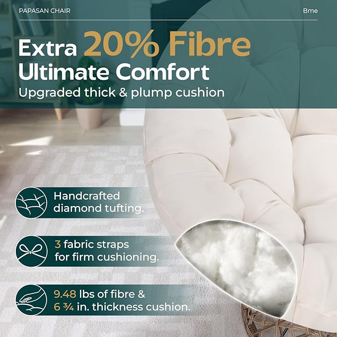 Bme 40" Ergonomic Wicker Papasan Chair with Soft Thick Density Fabric Cushion, High Capacity Steel Frame, 360 Degree Swivel for Living, Bedroom, Reading Room, Lounge - LeafyLoom
