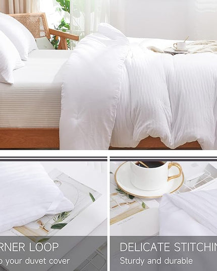 White Seersucker Comforter Set Queen Size (90x90 in), 3 Pieces Soft Crinkled Textured Comforter with 2 Pillowcases, Lightweight Microfiber Down Alternative Bedding Set for All Season - LeafyLoom