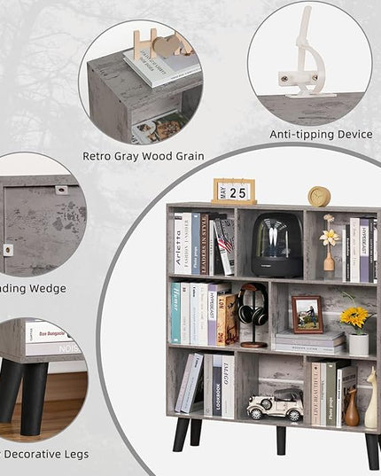 LEYAOYAO 8 Cube Bookshelf,3 Tier Bookcase with Legs,Modern Grey Mid-Century Bookshelves,Large Farmhouse Open Storage Organizer Shelf, Retro Wooden Display Book Case for Bedroom,Living Room,Office - LeafyLoom