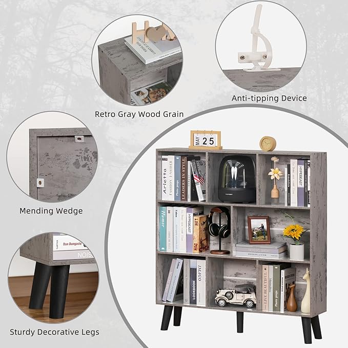 LEYAOYAO 8 Cube Bookshelf,3 Tier Bookcase with Legs,Modern Grey Mid-Century Bookshelves,Large Farmhouse Open Storage Organizer Shelf, Retro Wooden Display Book Case for Bedroom,Living Room,Office - LeafyLoom
