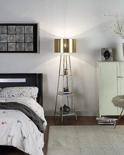 Floor Lamp, Standing Reading Light with Shelves and Gold Shade, Modern Tall Pole Lamp, Accent Furniture Décor Lighting for Living Room, Bedrooms - LeafyLoom