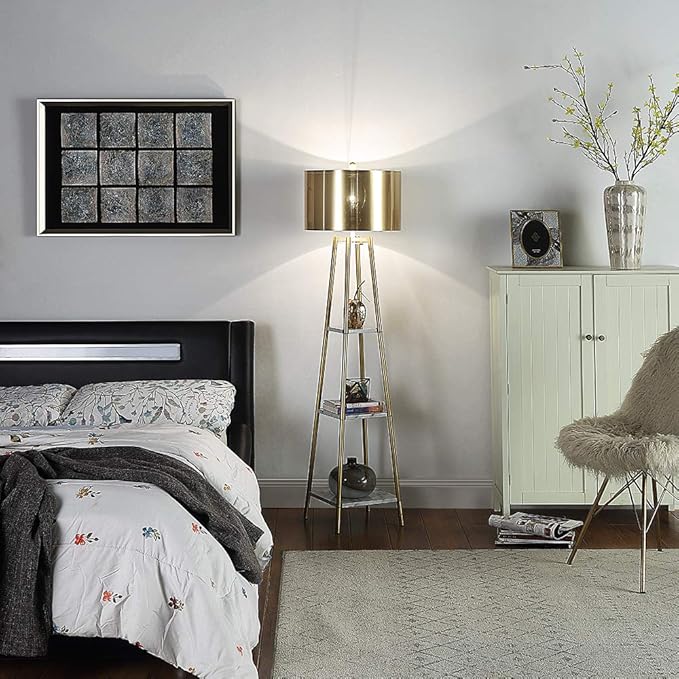 Floor Lamp, Standing Reading Light with Shelves and Gold Shade, Modern Tall Pole Lamp, Accent Furniture Décor Lighting for Living Room, Bedrooms - LeafyLoom