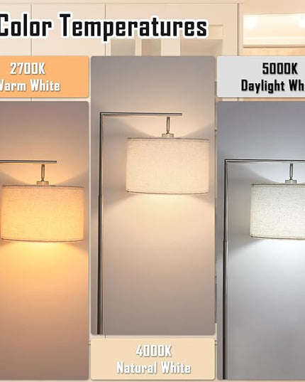 FAGUANGAO Silver Floor Lamp with 3 Color Tempratures LED Bulb, Modern Standing Lamp with Hanging Drum Shade for Living Room, Bedroom, Study Room, Office(Bulb Included) - LeafyLoom