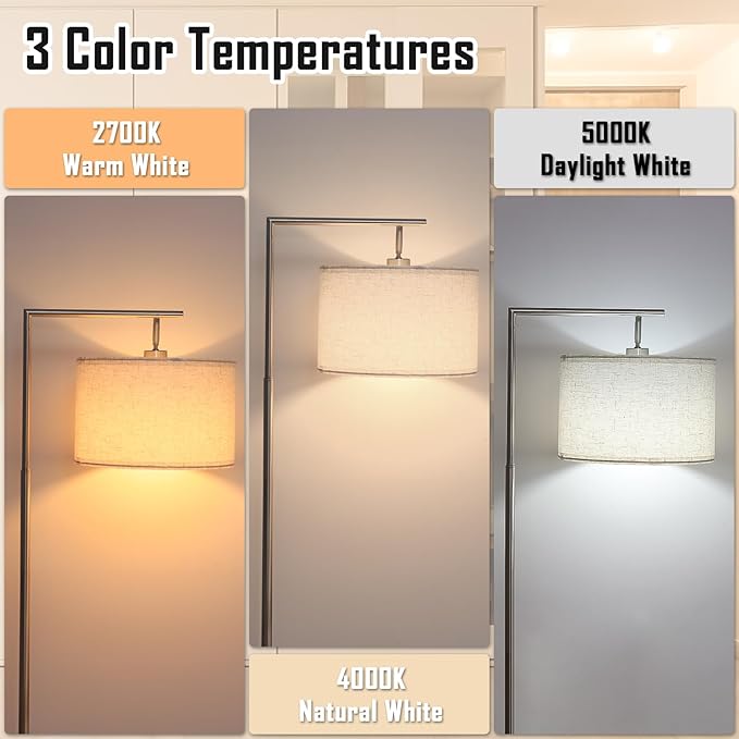 FAGUANGAO Silver Floor Lamp with 3 Color Tempratures LED Bulb, Modern Standing Lamp with Hanging Drum Shade for Living Room, Bedroom, Study Room, Office(Bulb Included) - LeafyLoom