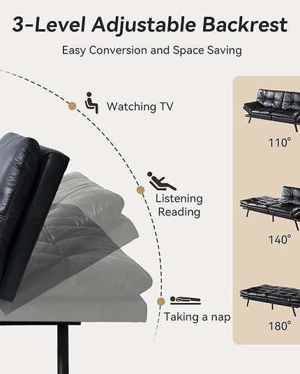 Memory Foam Faux Leather Futon Sofa Bed Couch,Convertible Futon Sofa Couch,Loveseat Sleeper Sofa Bed,Small Splitback Modern Sofa Bed for Living Room,Office,Apartment,Bright Black - LeafyLoom