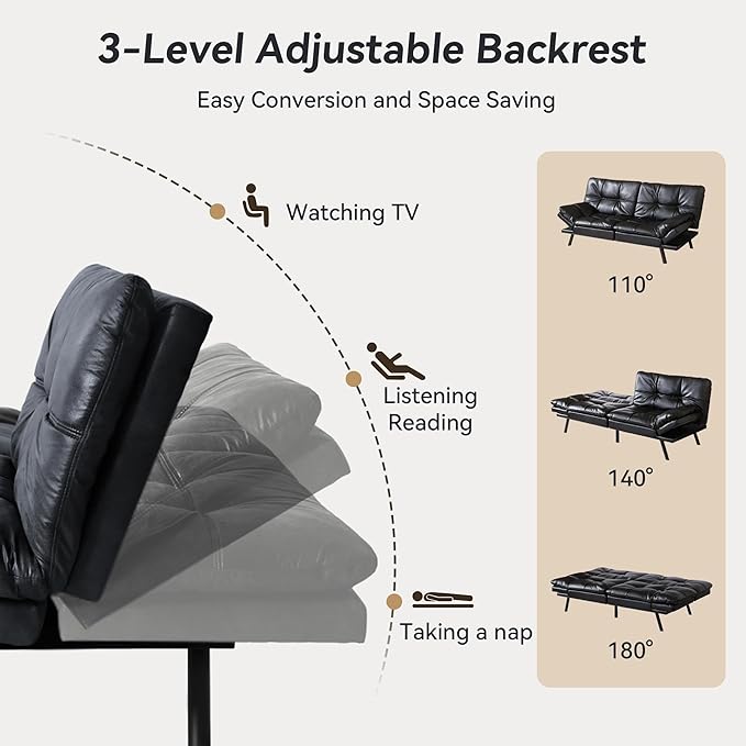 Memory Foam Faux Leather Futon Sofa Bed Couch,Convertible Futon Sofa Couch,Loveseat Sleeper Sofa Bed,Small Splitback Modern Sofa Bed for Living Room,Office,Apartment,Bright Black - LeafyLoom