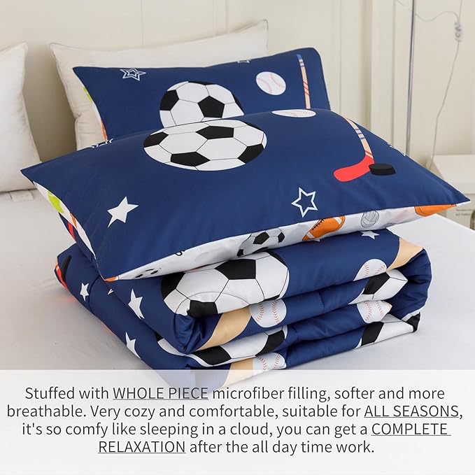 RYNGHIPY Kids Sports Theme Bedding Set, Basketball Football Baseball Tennis Print Comforter Set for Teens Boys Girls, Super Soft Lightweight (Balls,Twin) - LeafyLoom
