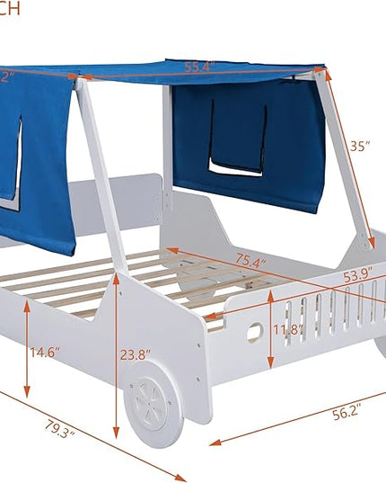 Full Size Kids Car Bed with Tent Canopy & Wheels,Wood Bedframe W/Safty Grille,Raised Base Design,Easy to Assemble,Toddler Boys Car-Shaped Bedroom Beds for Reading Playing Relaxing,White - LeafyLoom