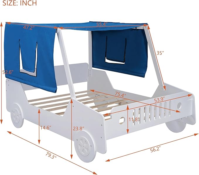 Full Size Kids Car Bed with Tent Canopy & Wheels,Wood Bedframe W/Safty Grille,Raised Base Design,Easy to Assemble,Toddler Boys Car-Shaped Bedroom Beds for Reading Playing Relaxing,White - LeafyLoom