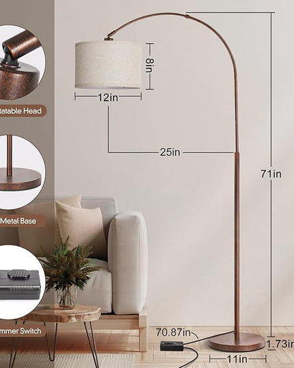 Dimmable Arc Floor Lamps for Living Room, Mid Century Floor Lamp, Antique Bronze Standing Lamp with Adjustable Hanging Shade, Tall Pole Lamp Reading Light for Bedroom, Over Couch, 9W LED Bulb Included - LeafyLoom