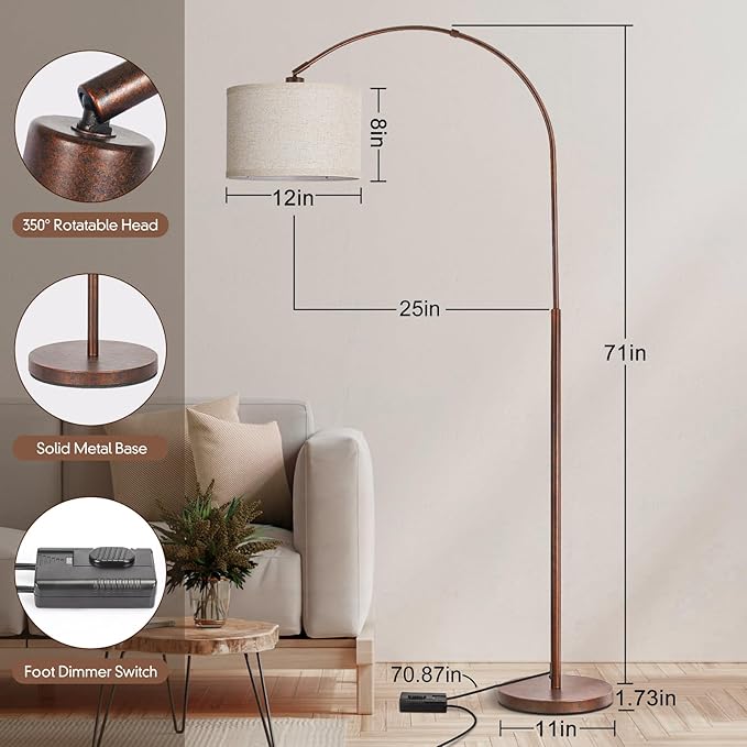 Dimmable Arc Floor Lamps for Living Room, Mid Century Floor Lamp, Antique Bronze Standing Lamp with Adjustable Hanging Shade, Tall Pole Lamp Reading Light for Bedroom, Over Couch, 9W LED Bulb Included - LeafyLoom