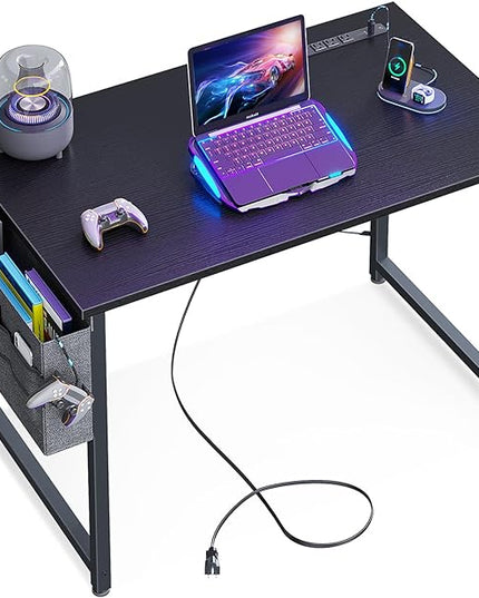 KKL Small Desk with Power Outlets and USB Port Computer Desk for Home Office Gaming Simple Modern Style Writing Desks with Storage Bag Headphone Hook, 32 inch, Black - LeafyLoom