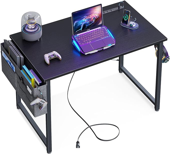KKL Small Desk with Power Outlets and USB Port Computer Desk for Home Office Gaming Simple Modern Style Writing Desks with Storage Bag Headphone Hook, 32 inch, Black - LeafyLoom