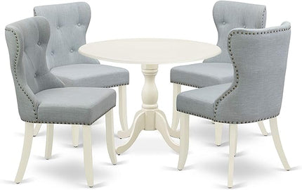 East West Furniture DMSI5-LWH-15 5 Piece Kitchen Table Set for 4 Includes a Round Dining Room Table with Dropleaf and 4 Baby Blue Linen Fabric Parson Dining Chairs, 42x42 Inch, Linen White - LeafyLoom