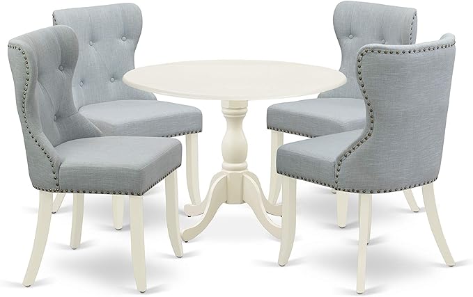 East West Furniture DMSI5-LWH-15 5 Piece Kitchen Table Set for 4 Includes a Round Dining Room Table with Dropleaf and 4 Baby Blue Linen Fabric Parson Dining Chairs, 42x42 Inch, Linen White - LeafyLoom