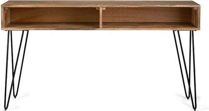 SIMPLIHOME Hunter SOLID WOOD and Metal 55 inch Wide Mid Century Modern Console Sofa Entryway Table in Natural with Storage, 2 Shelves, for the Living Room, Entryway and Bedroom - LeafyLoom