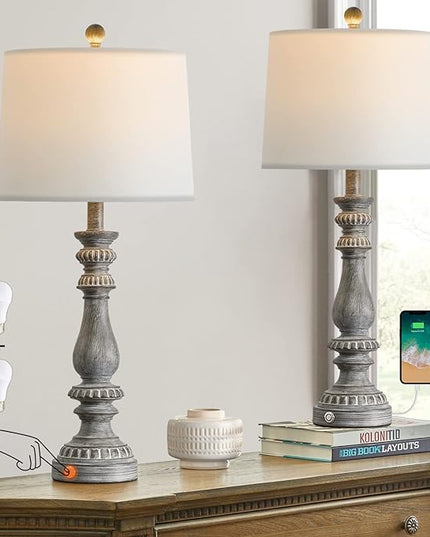 BOBOMOMO 27" Rustic 3-Way Dimmable Touch Table Lamps for Bedroom Farmhouse Lamp Set of 2 with 2 USB Charging Ports for Living Room Vintage Rustic Traditional Nightstand Lamp (2 Bulbs Included) - LeafyLoom