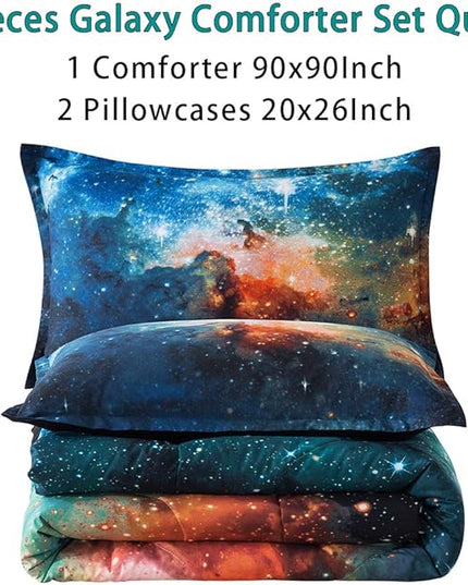 Litanika 3D Galaxy Comforter Queen(90x90lnch), 3 Pieces(1 Galaxy Comforter, 2 Pillowcases), Universe Nebula Outer Space Comforter, Microfiber Bedding Set for Boys Kids - LeafyLoom