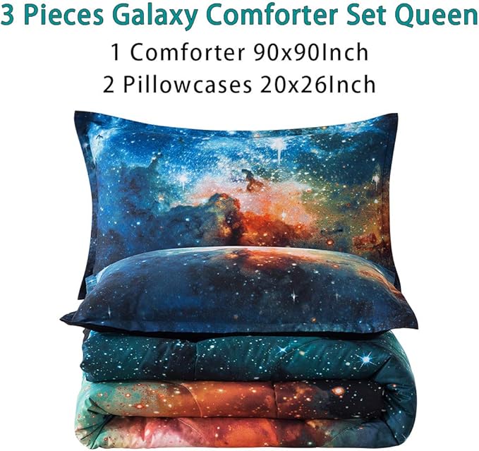Litanika 3D Galaxy Comforter Queen(90x90lnch), 3 Pieces(1 Galaxy Comforter, 2 Pillowcases), Universe Nebula Outer Space Comforter, Microfiber Bedding Set for Boys Kids - LeafyLoom