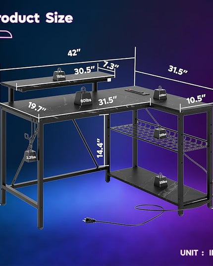 Bestier Small Gaming Desk with Power Outlets,42 L Shaped LED Computer Desk with Monitor Stand Reversible Storage Shelves,Corner Gamer Desk with Headset Hooks USB Port,Black Marble - LeafyLoom