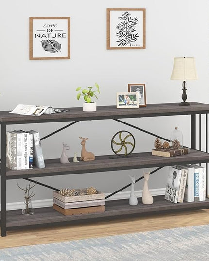 IBF Wood and Metal Book Shelf, Industrial Rustic Low 3 Tier Bookshelf, Farmhouse Long Wide Vintage Horizontal Bookcase, Modern Large Open Etagere for Home Office Living Room Bedroom, Gray Oak, 63 Inch - LeafyLoom