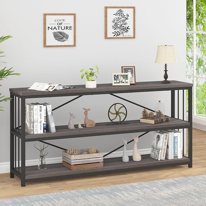 IBF Wood and Metal Book Shelf, Industrial Rustic Low 3 Tier Bookshelf, Farmhouse Long Wide Vintage Horizontal Bookcase, Modern Large Open Etagere for Home Office Living Room Bedroom, Gray Oak, 63 Inch - LeafyLoom