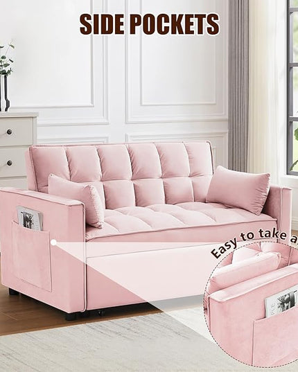 Loveseat Sofa Bed Convertible Chair with 2 Pockets & 2 Pillows for Living Room, Pink - LeafyLoom