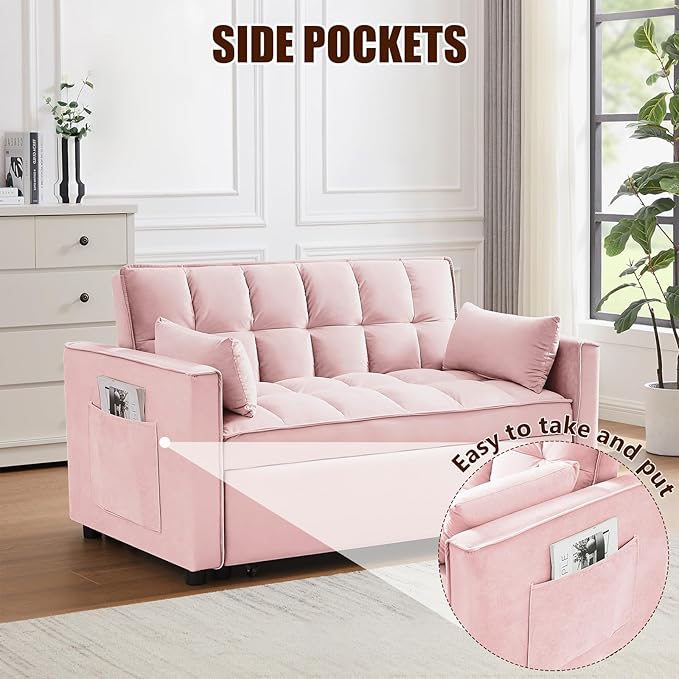 Loveseat Sofa Bed Convertible Chair with 2 Pockets & 2 Pillows for Living Room, Pink - LeafyLoom