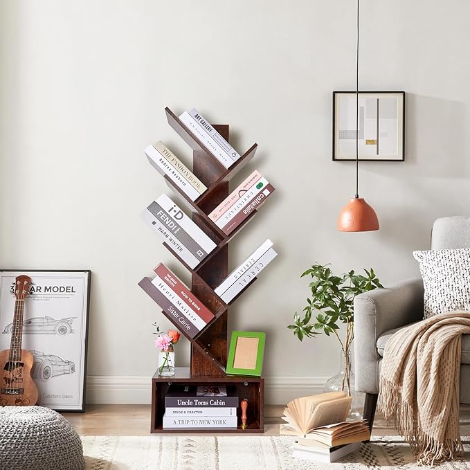 Tree Bookshelf 6 layers with drawers Retro Book Holder Rustic Brown Wooden Floor Standing Bookshelf for Living Room,Bedroom,Home Office Modern Bookcase - LeafyLoom