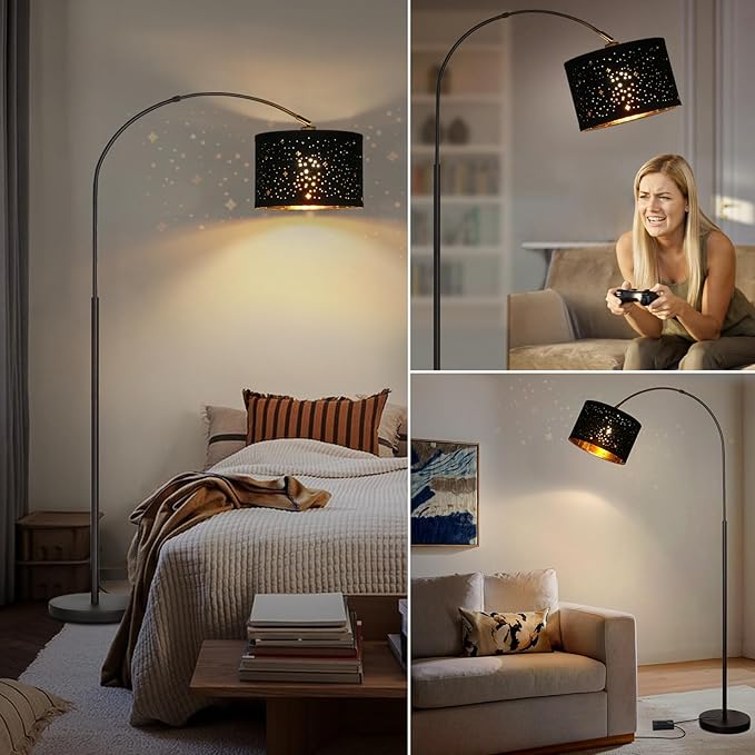 Dimmable Floor Lamp, Arc Floor Lamp for Living Room, Arched Tall Modern Standing Lamp with Adjustable Star Shade, Black Mid Century Floor Lamp Tall Pole Lamp for Bedrooms,Office, 9W LED Bulb Included - LeafyLoom